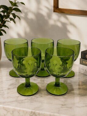 Vintage Bartlett Collin 1970s Avocado Green Thumbprint Goblets –Coin Dot Glasses